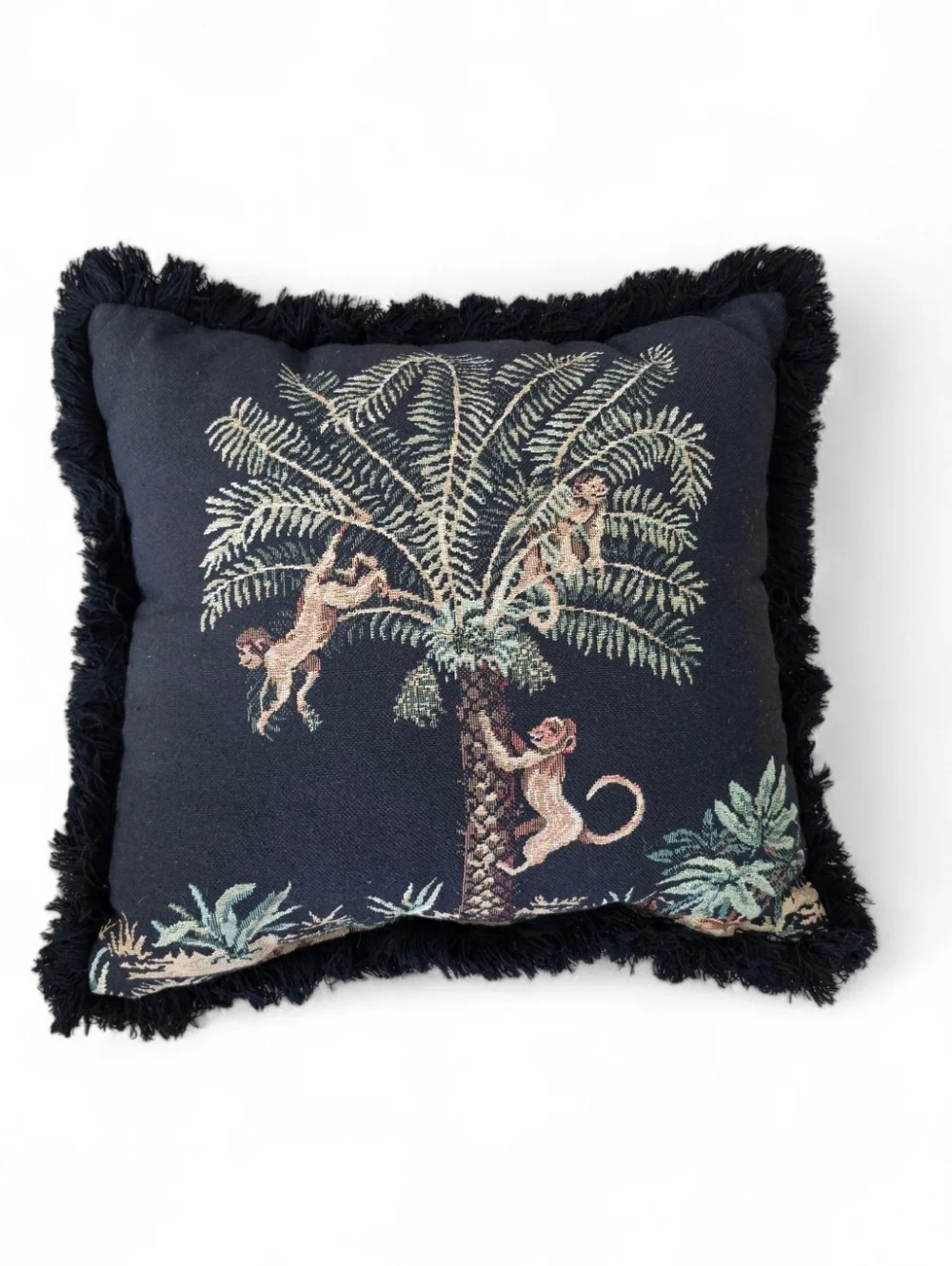 Vintage Monkey Palm Tree Tapestry Pillow – Fringe Trim Jungle Safari Decor
